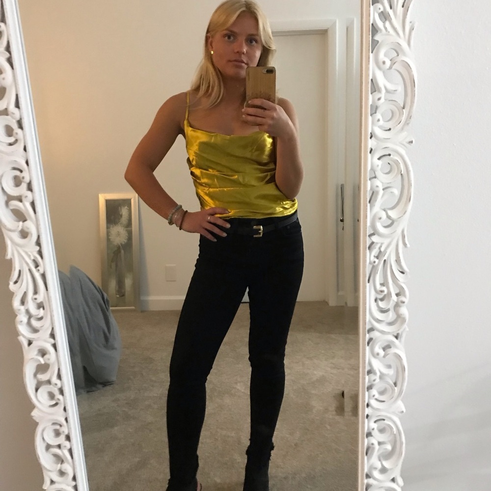 Gold Ruche Satin Cami Top Cowl Neck
